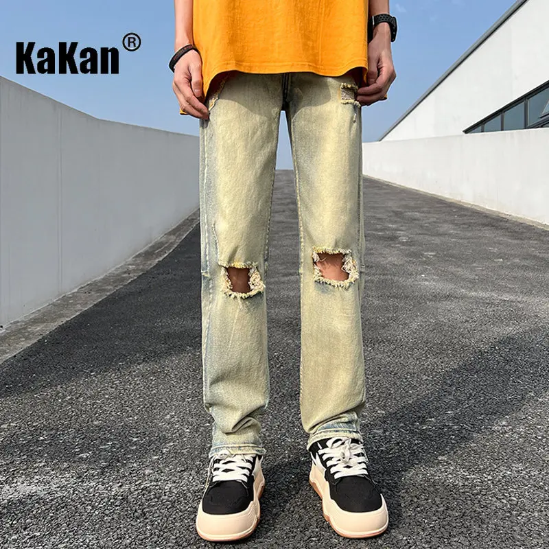 Kakan - Spring/Summer New Style Washed Old Knee Perforated Jeans Men's Wear, Slightly Elastic Straight Sleeve Long Jeans K29-717