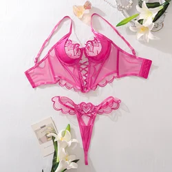 Elegant Floral Embroidered Mesh Lingerie Set - 2 - Piece See - Through Design - L (Rose Red)
