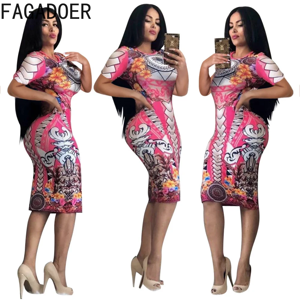 

FAGADOER Sexy Retro Pattern Print Bodycon Mid Dresses Women Round Neck Half Sleeve Slim Vestidos Female Party Nightclub Clothing