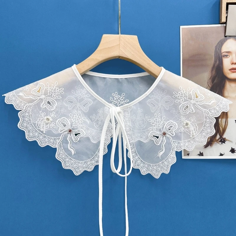 

Women Embroidery Bowknot Pattern False Collar Rhinestones Beaded Mini Shawl Wrap