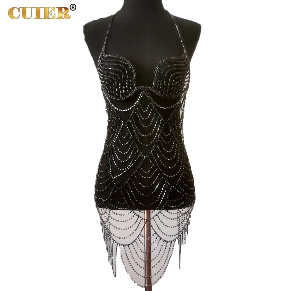 

CUIER Black Diamond Long Rhinestone Dress for Women Glitter Metal Chain Tassel Backless See Through Female Mini Dresses