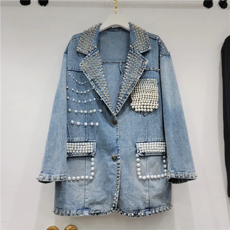 

Heavy Work Rivet Beading Denim Jacket Women Autumn Korean Loose Single-breasted Suit Collar Long Sleeve Jeans Jacket Coat Female