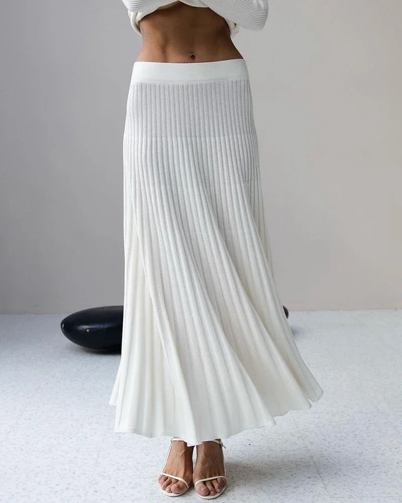 

Casual Knitted Loose Pleated Skirt Women High Waist Casual Solid Autumn Long Skirts Female Y2k Pink Dress 2024