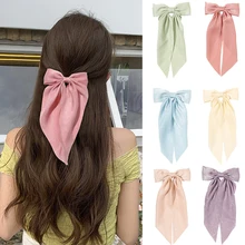 

Brand New Large Bow Women's Hairpin Big Bowknot Solid Color Ponytail Clip Long Ribbon Hair Accessories Sweet Elegant Hair Clip