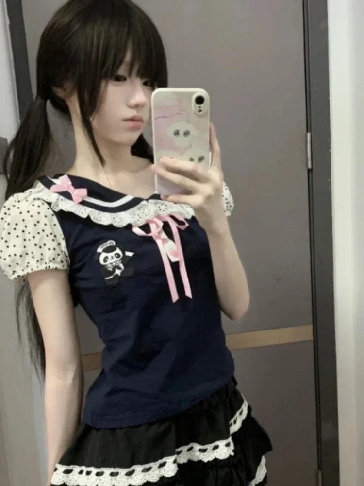 Japanese Y2k Lace T-shirt Women Kawaii Cartoon Embroidery Graphic T Shirts Harajuku Fashion Casual Bow Tops Cute Tees Camisetas 1
