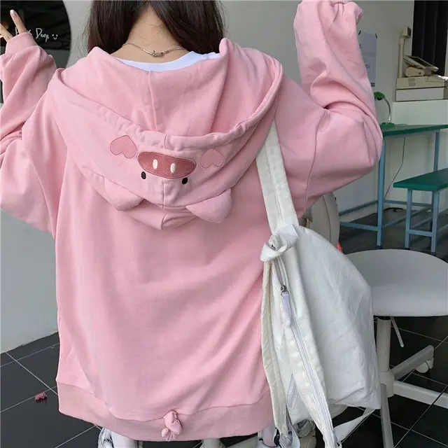Y2K Zipper Hoodie Womens Harajuku Kawaii Pig Pink Pattern