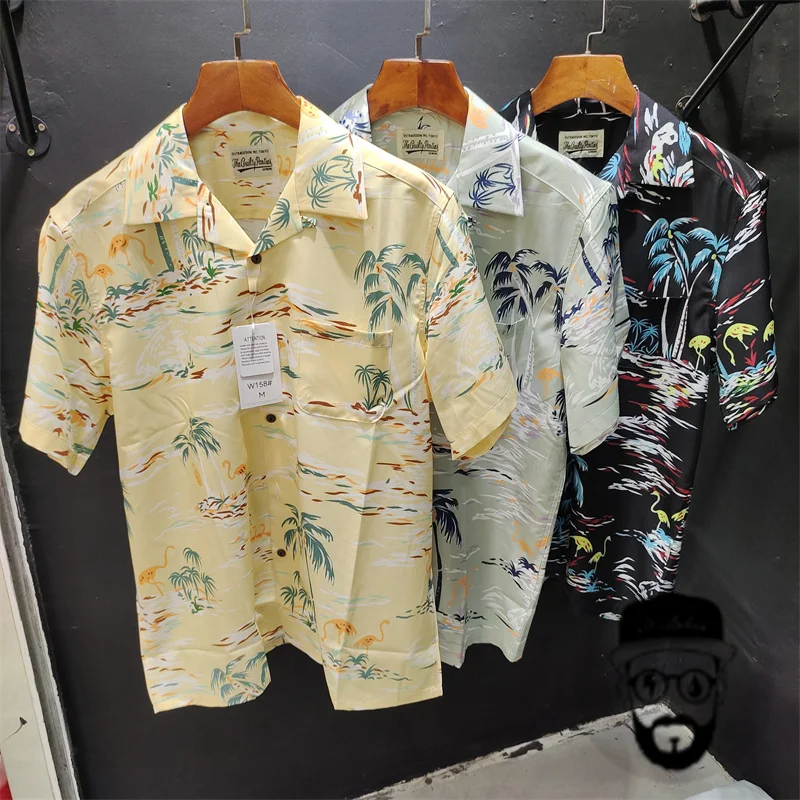 Free shipping new beach coconut tree print WACKO MARIA short sleeved shirt for men and women loose NECKFACE Hawaiian shirt