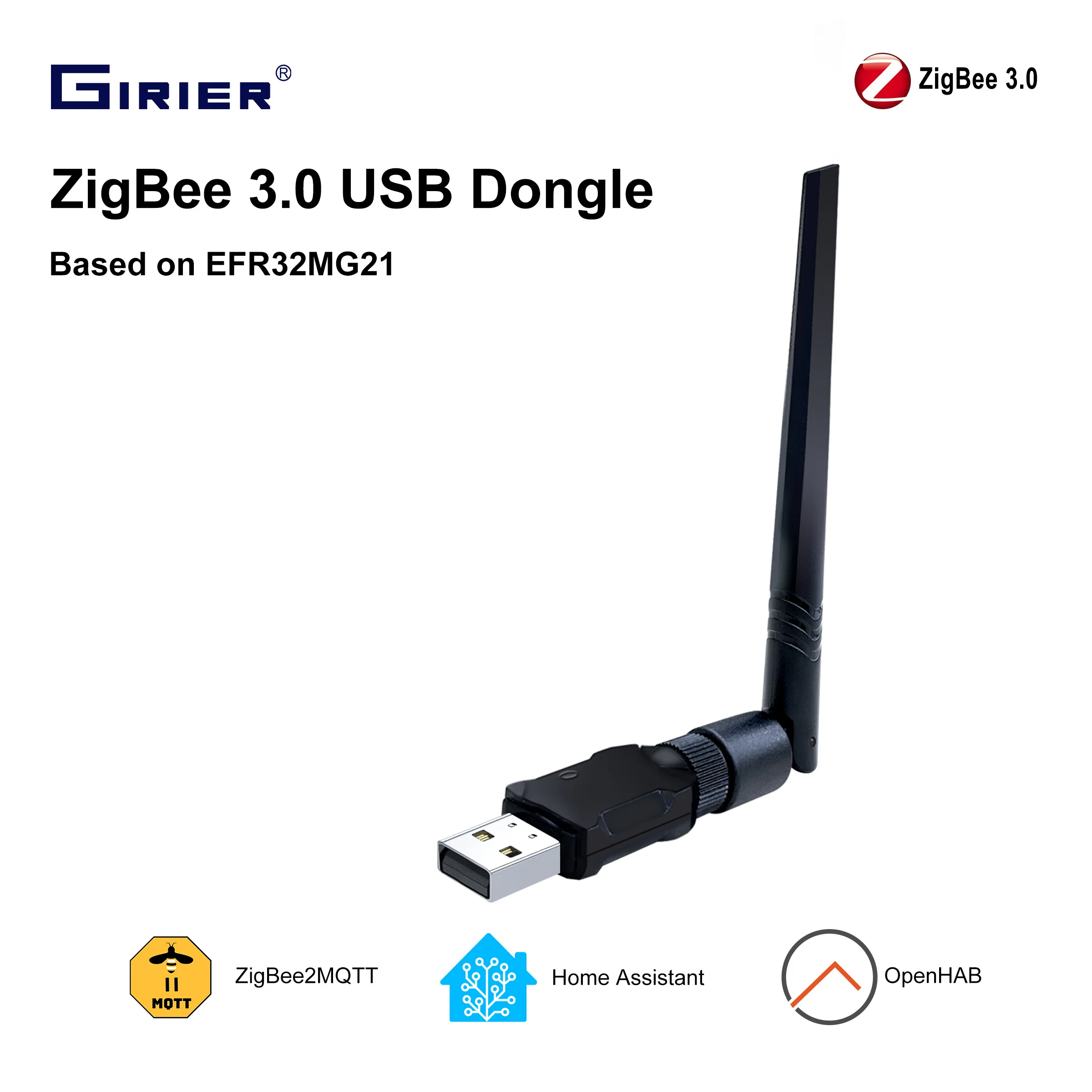 GIRIER ZigBee 3.0 Dongle USB Gateway Universal ZigBee Gateway with Antenna Compatible with Home Assistant OpenHAB ZigBee2MQTT zigbee gateway smart gateway zigbee adapter