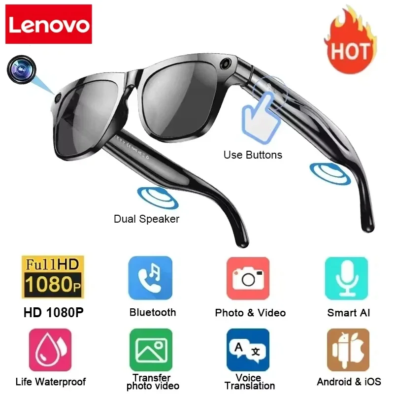 Lenovo 8K AI Smart Glasses 100MP Camera Chat GPT Touch Sport Sunglasses Bluetooth Call Video Music Player Men Women