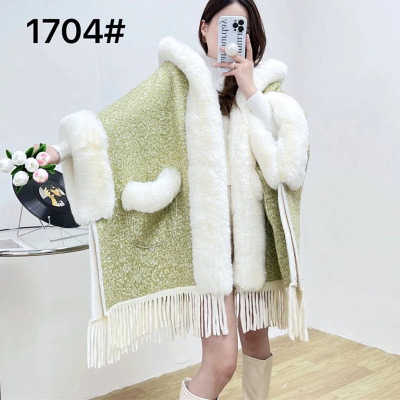 

Fall/Winter 2024 Plus Velvet Padded Hooded Large Fur Collar Cloak Shawl Women's Fringed Pocket Woolen Coat Luxury Cloak Female