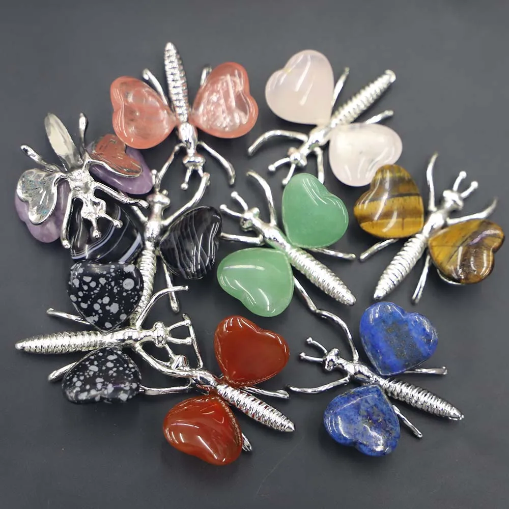 New Natural Stone Multicolor Heart Silver Butterfly DIY Crystal Wing Animal Ornaments Charms Jewelry Accessories Wholesale 12Pcs