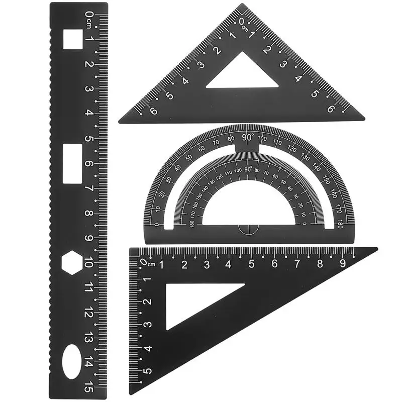 학생용 DIY 금속 눈금자 문구 세트, 견고한 사무실 눈금자, 삼각형 플레이트 각도기, 검정 테스트 눈금자, 4 개 