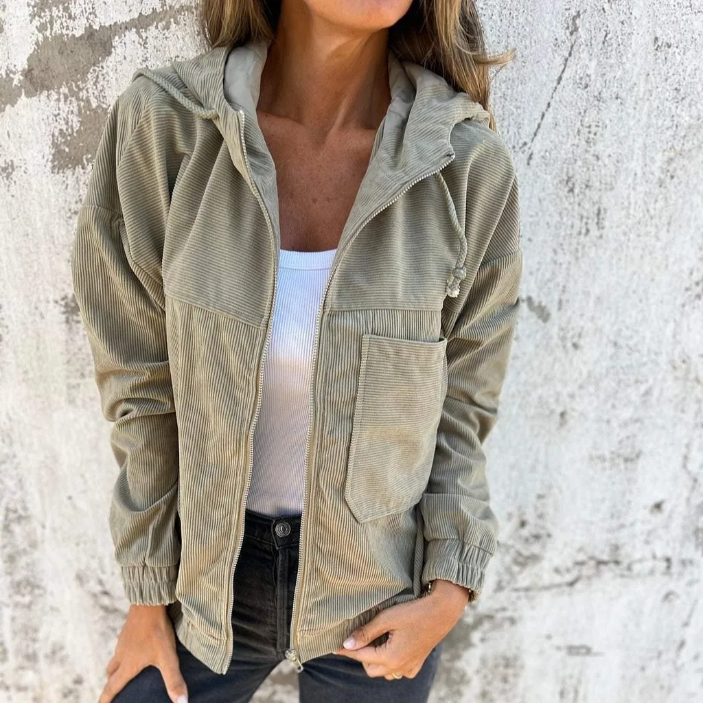 Autumn New Solid Color Jacket Coat Women's Simple Style Corduroy Hooded Coats Women Fashion Pocket Long Sleeve Casual Jackets
