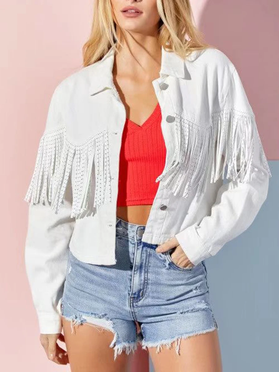 

Women Button Up Tassel Cropped Jean Jackets Spring Autumn Casual Denim Coats Punk Grunge Long Sleeve Slim Outerwear Streetwear