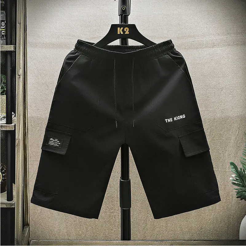 Business Casual Comfortable Summer Men's Patchwork Elasticized Pocket Solid Drawstring Letter Loose All-match Fashion Shorts