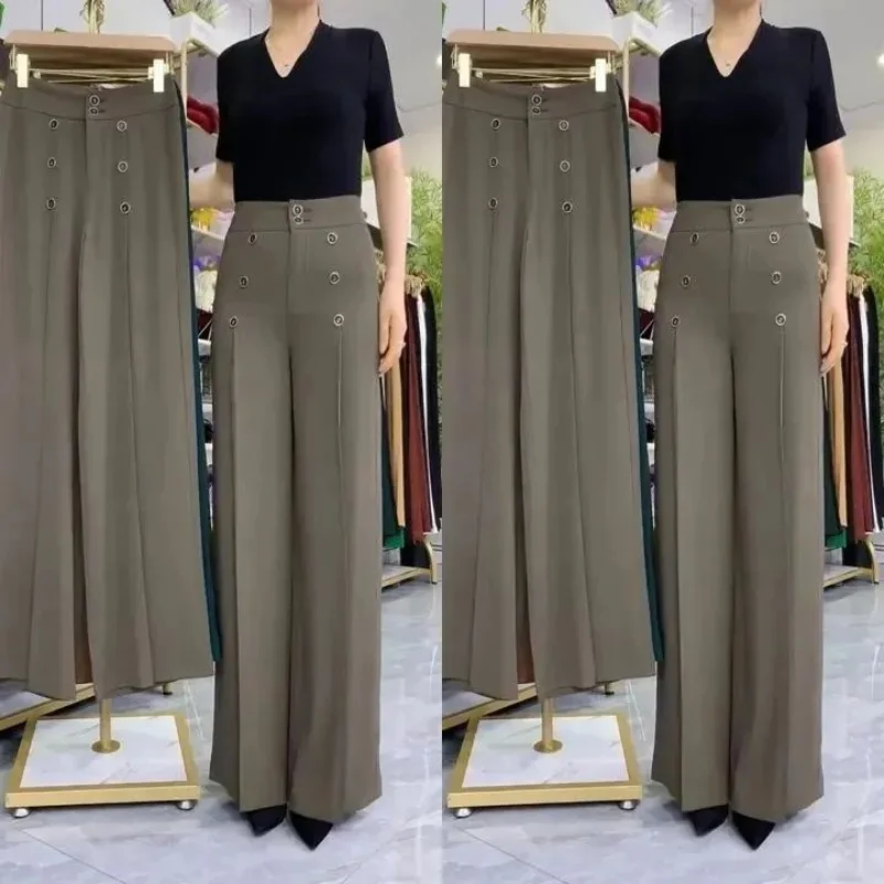 Summer New Double Breasted High Waist Elastic Wide Leg Pants Women Solid Fashion Simple Breathable Thin Loose Straight Trousers