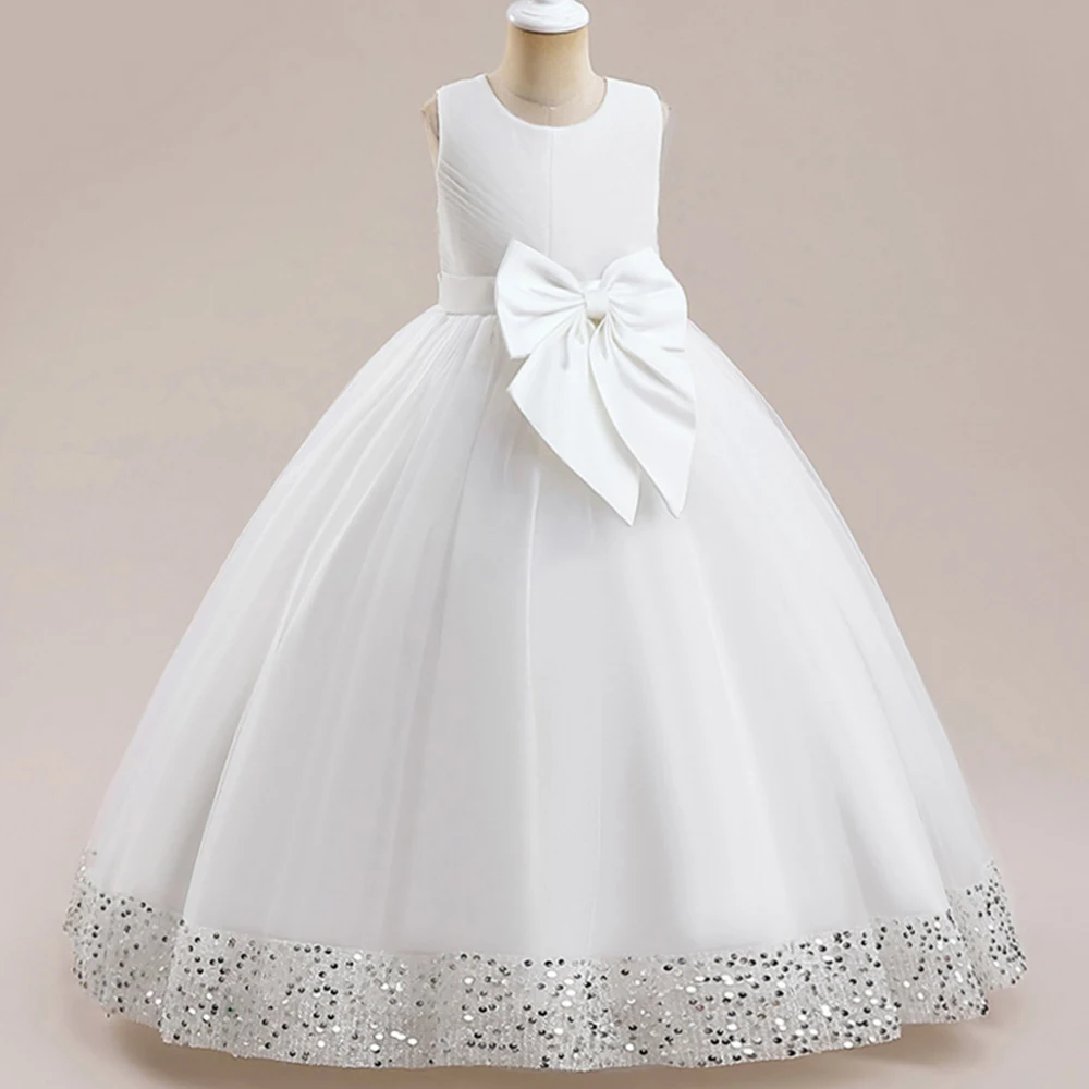 

Flower Girl Dresses Gown White Bow Sequin Lace Long Wedding Pageant First Communion Clothes For Children Formal Evening Vestidos