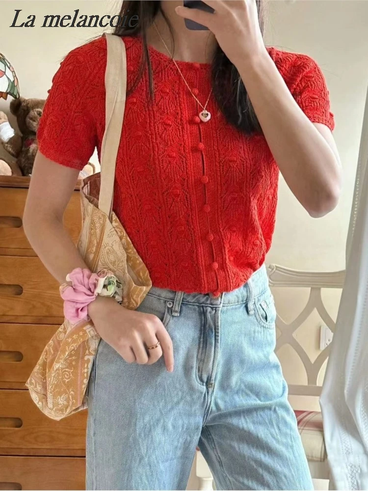 

Женский трикотажный свитер, вязаный однобортный Кардиган на пуговицах с вырезами, Элегантная трикотажная одежда, лето 2024