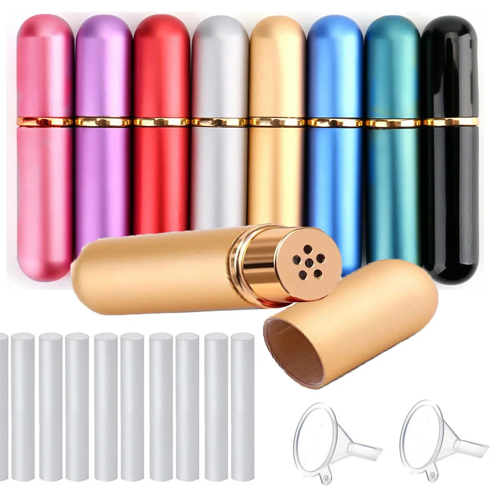 10pcs/lot 5ml Colored Aluminum Nasal Inhaler with high quality white cotton wicks aromatherapy metal inhaler for essential oils 5pcs 2 in 1 essential colored plastic blank nasal aromatherapy inhalers tubes sticks nasal container with wicks for oil nose