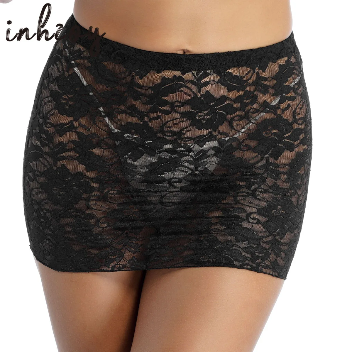 Lace See Through Miniskirt Women Stretchy Mini Skirts Mid Waist Elastic Sheer Bodycon Micro Mini Skirts for Party Nightclub