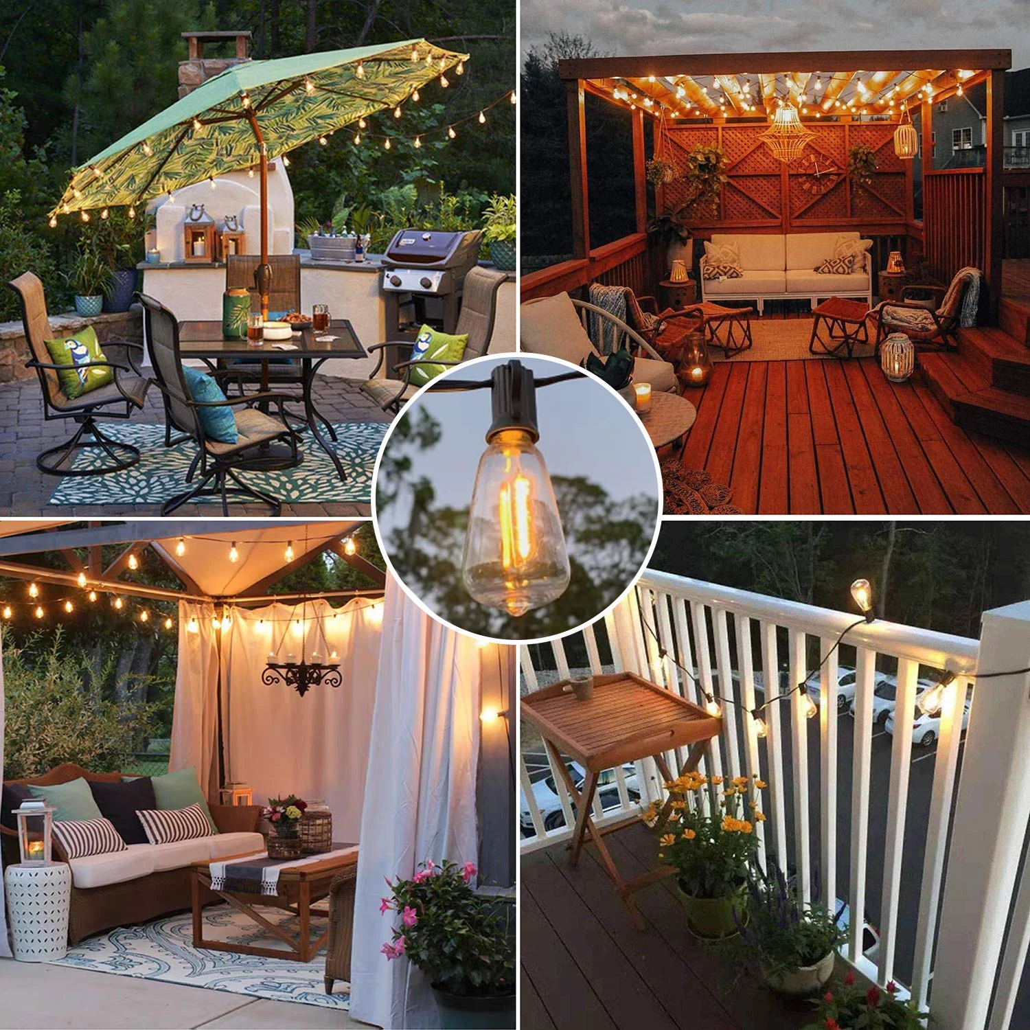 Luci Da Esterno A LED Infrangibili, 15m Con 26 Lampadine ST38 Vintage, 2700K, Calde, Impermeabili IP65 Per Giardino E Terrazza