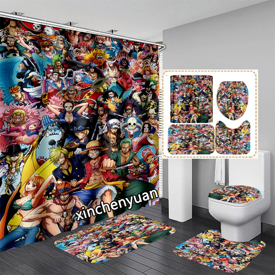 phechion Anime One Piece 3D Print Waterproof Bathroom Shower Curtain Toilet Cover Mat Non-Slip Floor Mat (1/3/4Pcs) W61 2