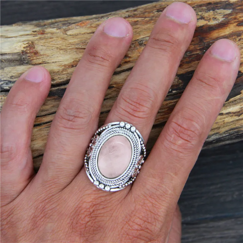 Finger Ring Vintage Oval Natural Quartz Lapis Lazuli Real Antique Silver Plated Natural Stone Unakite Tiger Eye Flower For Women