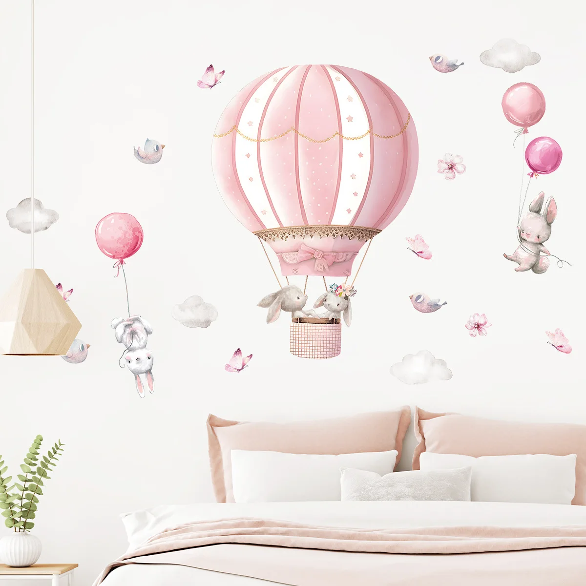 2pcs Cartoon Cute Rabbit Pink Balloon Clouds Wall Stickers For Room Decor Living Room Nursery Wall Decoration wall sticker wall stickers