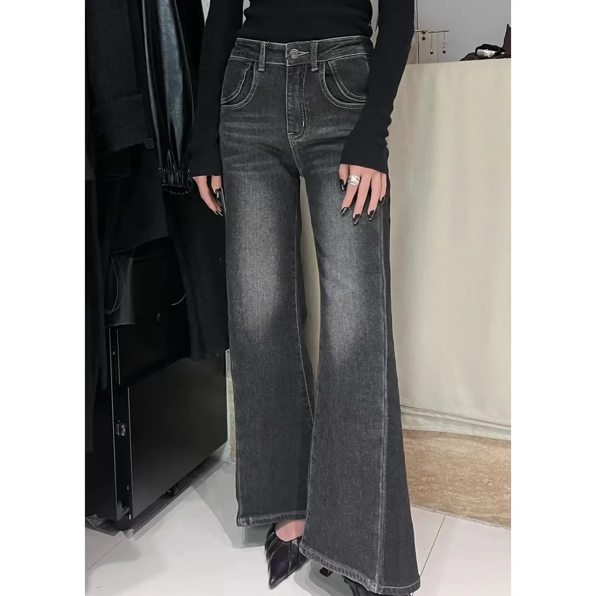 

SuperAen Jeans 2023 Autumn Winter Fashion New Black Grey Flare Pants Women's Jeans