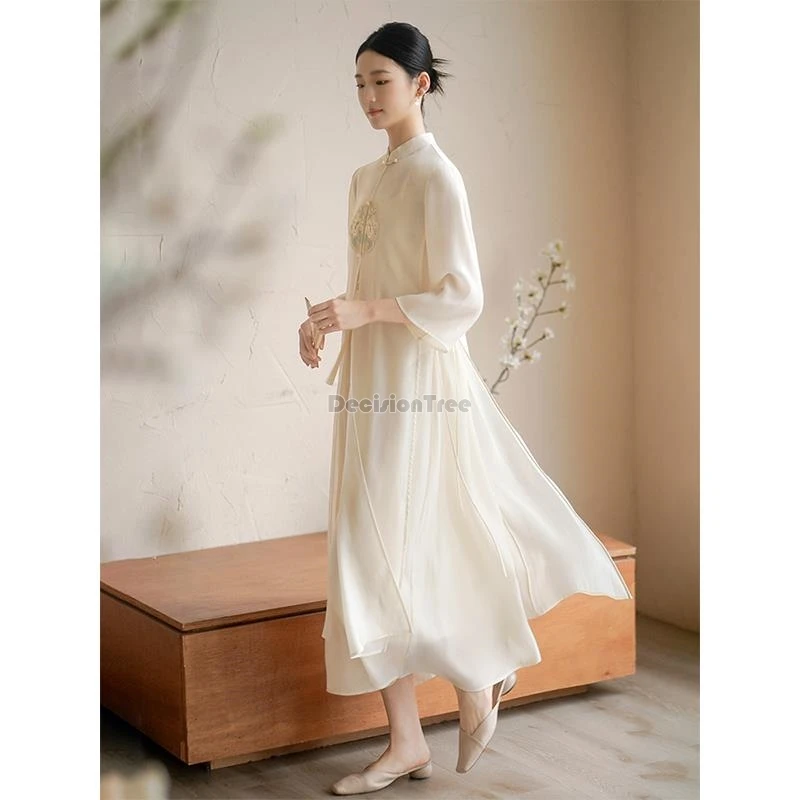 2024 new chinese style zen tea temperament dress gentle graceful daily improved cheongsam classical fairy embroidery loose dress