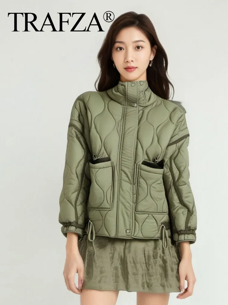 HH Women Vintage Solid Quilted Coat Stand Collar Long Sleeve Zipper Jacket Casual Drawstring Pocket Design Winter Outwear