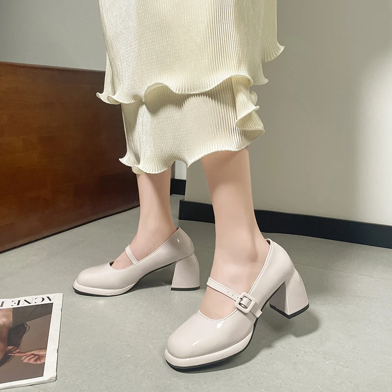 Ladies Shoes Buckle Strap Platform Women's Pumps Shallow Square Heel Square Toe High Heel Pump Women Solid mary jane shoes