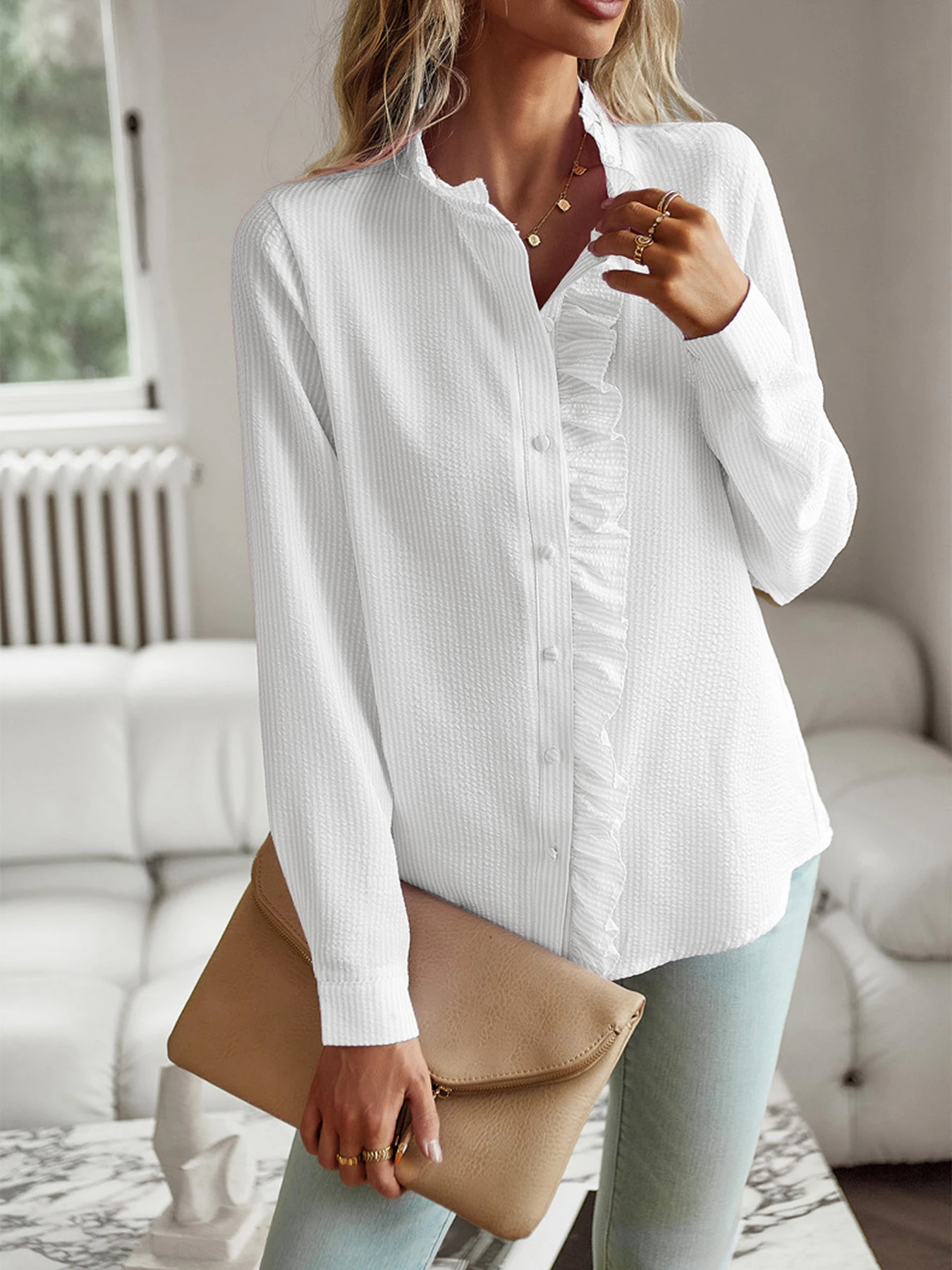 Neuer Stil 2024, Temperament-Pendlerbluse, Strickjacke, gekräuselt, langärmelig, Puffärmel, Hemdbluse für Damen – Detail 20
