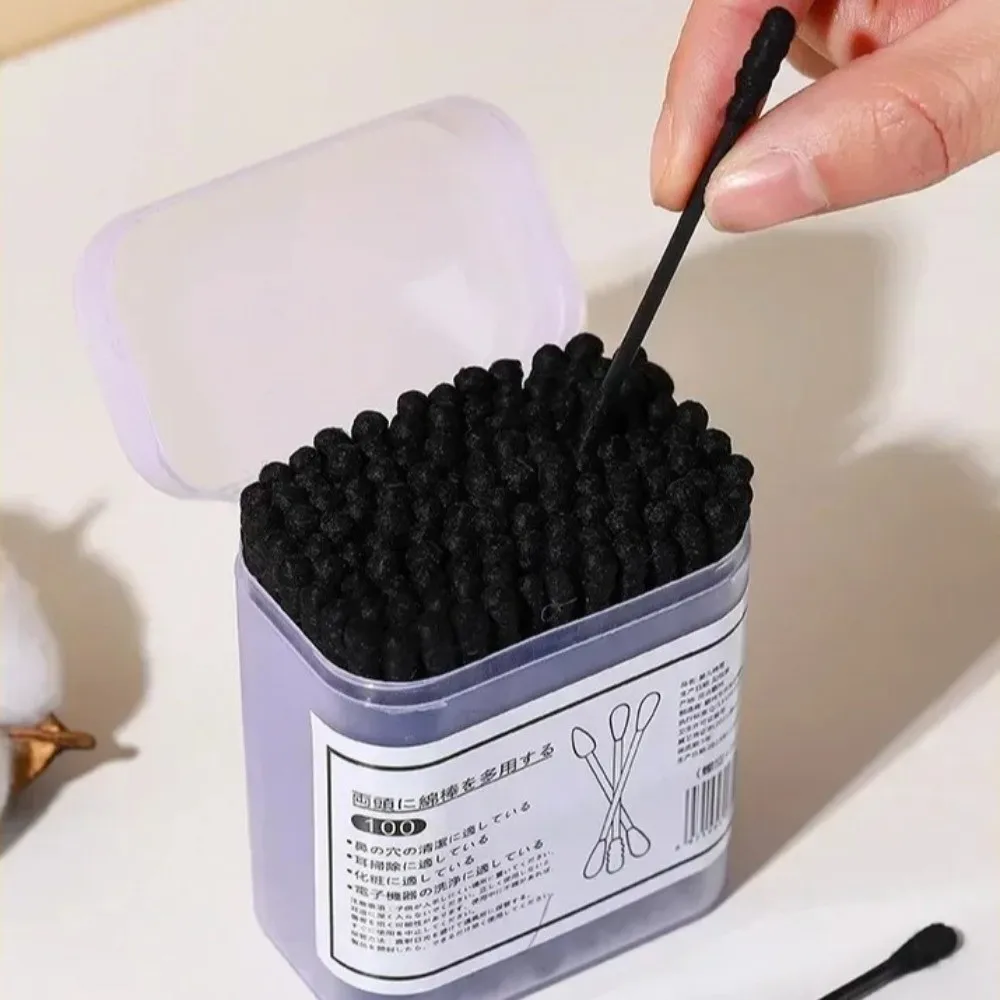 100Pcs New Black Disposable Cotton Swabs Double-Headed Soft Cleaning Cotton Bud Spiral Shape Ear Cleaner Beauty Skin Care Tools