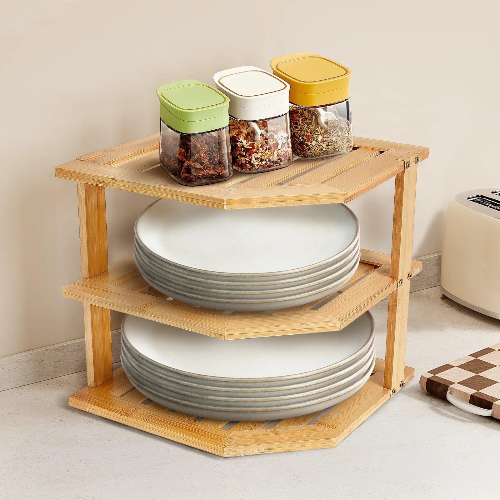 3 ชั้นตู้ชั้นวางของสําหรับห้องครัวทนทานแผ่นไม้ไผ่ชั้นวางมุมชั้นวางจานสําหรับตู้เคาน์เตอร์ 1