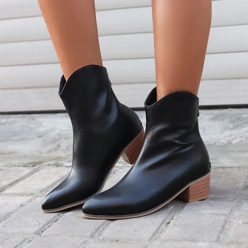 

Wood Grain Thick Heel Round Head Simple Style Chelsea Boots Comfortable Plush Inner PU Material Rear Zipper Women's Ankle Boots