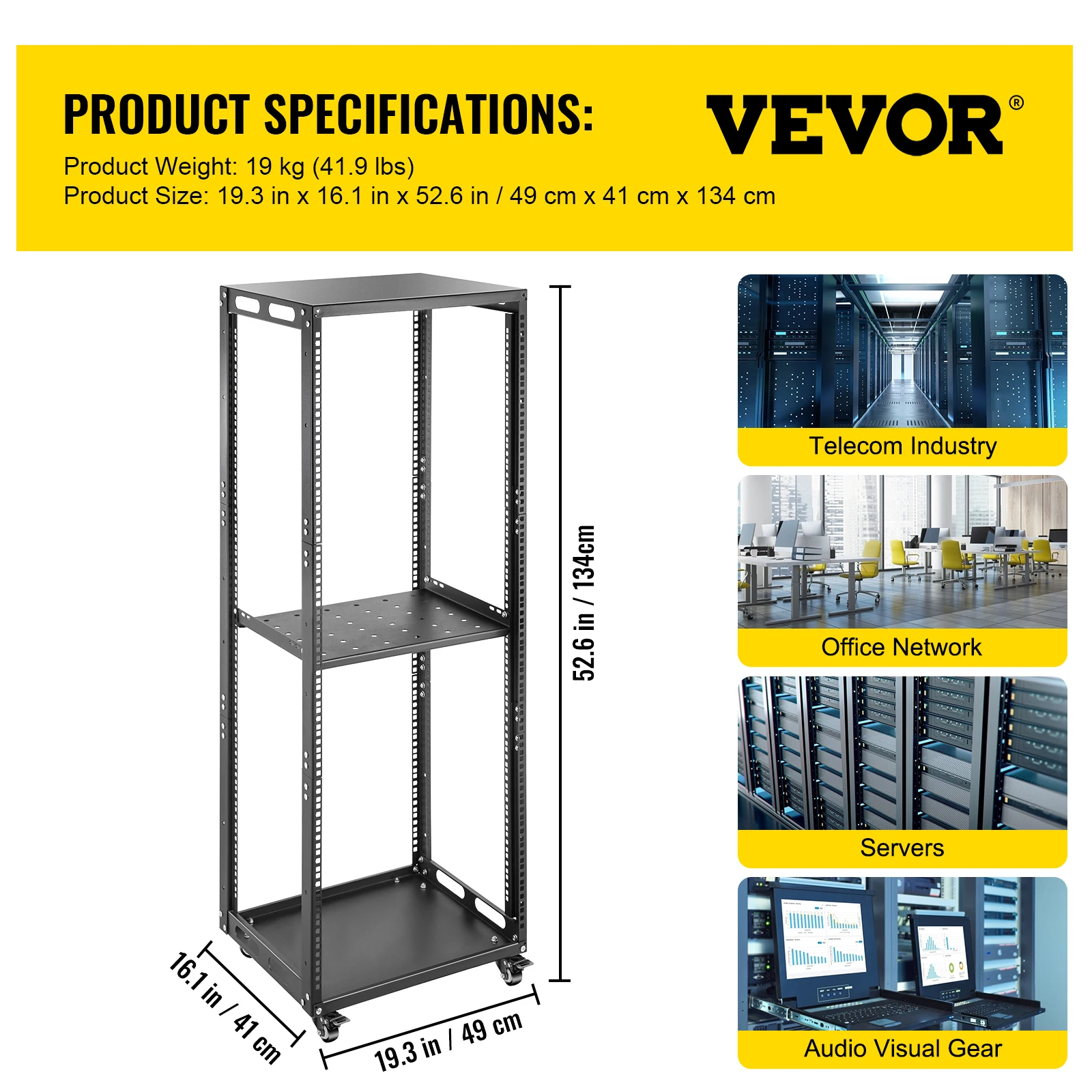 VEVOR 4 Post Open Frame Server Rack 12/15/18/27 U Design Cold-Rolled Steel Warehouse Shelf W/ Casters Network Cabinet for Office power tool bag Tool Storage Items