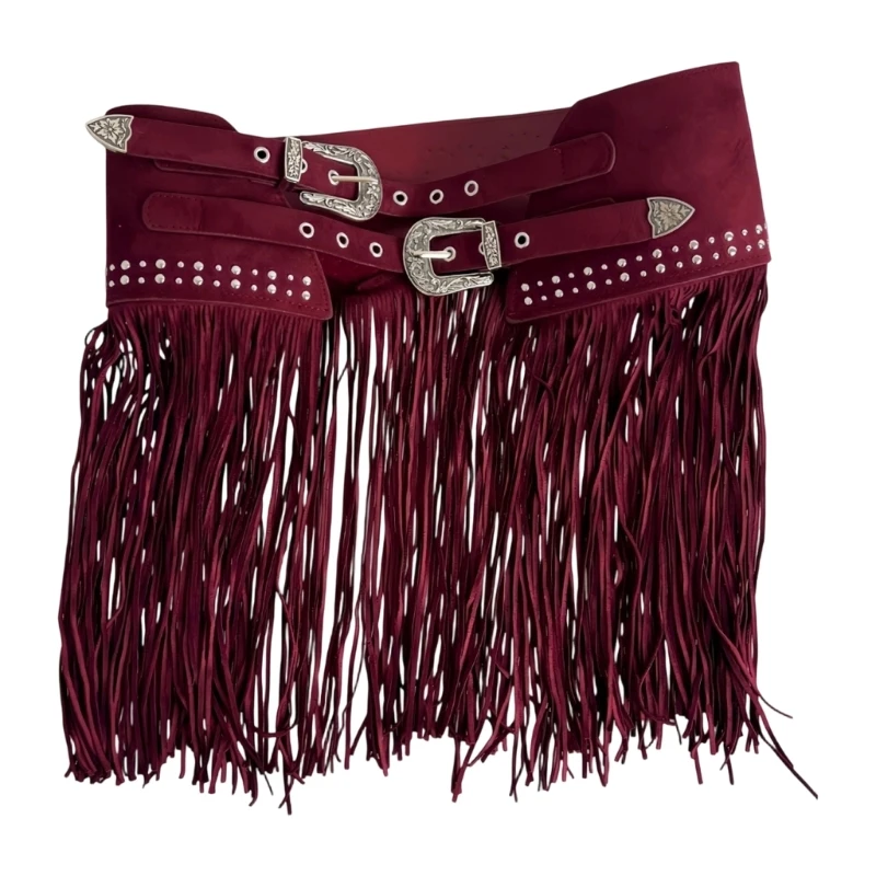Cintura in da donna con frange western, cintura con gonna ampia con doppie fibbie in rosso vino opaco morbido per look da