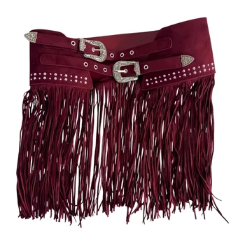 Cintura in da donna con frange western, cintura con gonna ampia con doppie fibbie in rosso vino opaco morbido per look da