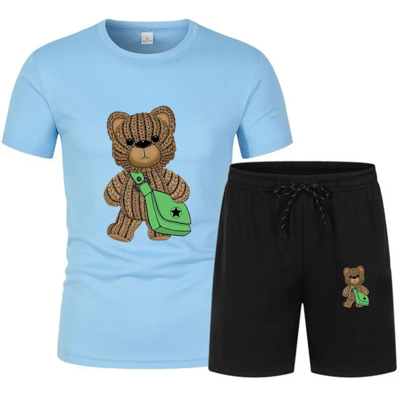

2024 new men's cartoon bear sportswear fitness set Running set Casual T-shirt + shorts set Breathable jogging sportswear men 2-p
