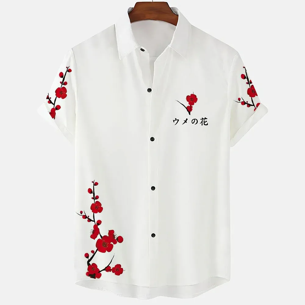 Pure White Simple Design Cherry Blossom Print Men's Casual Short Sleeve Shirt Summer Floral Casual Vacation Men's Top Oversized 3