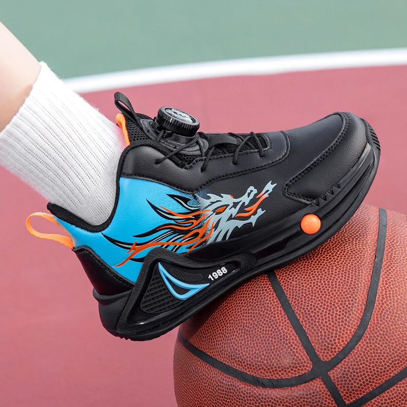 Description Picture 3 of itemChildren's Basketball Shoes Anti Slip New Leather Sports Shoes Rotating Buckle Cushioning Wear-resistant Casual Shoes for Kids