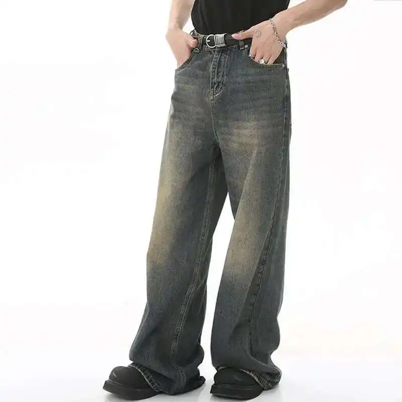 Men's Vintage Jeans Fashion Washed Street Casual Wide Leg Denim Pants Summer Distressed Loose Male Versatile Trousers 9C354 men jeans mens jeans jeans trousers washed jeans denim trousers