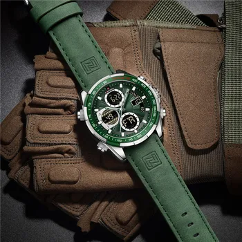 NAVIFORCE-reloj Digital de cuarzo para hombre, cronógrafo de pulsera de cuero genuino verde, estilo militar, de negocios, marca superior de lujo, 9197 2
