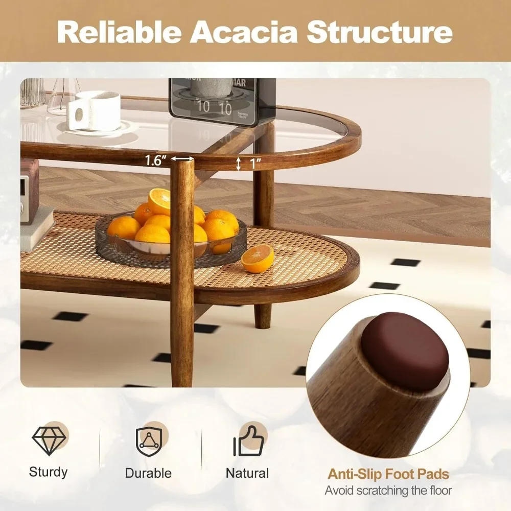 Rattan Coffee Table, 2-Tier Oval Wood Tea Tables W/Tempered Glass Tabletop & PE Rattan Storage Shelf, Boho Cocktail Tables 4
