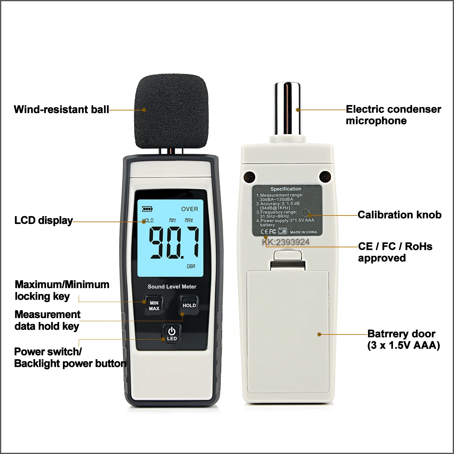 RZ Sound Level Meter Digital Handheld DB Meter Sound Monitor Noise Audio Level Meter 30-130dB Decibels Mini Sound Meter 2