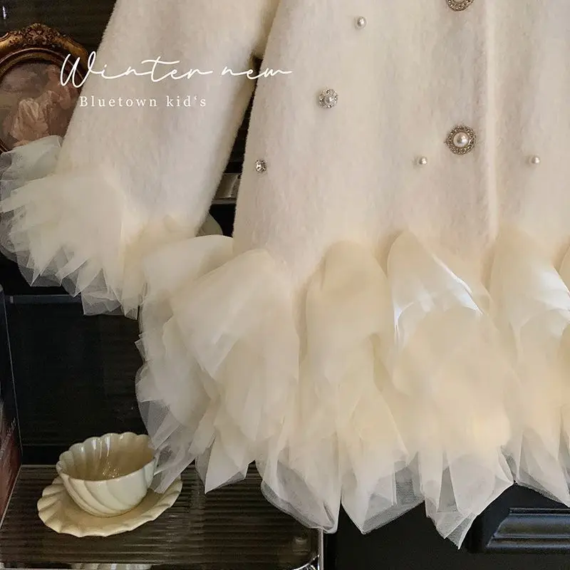  여아용 울 재킷 신상 겨울 진주 장식 두꺼운 따뜻한  여아 코트 중간 길이 어린이 여아 생일 파카