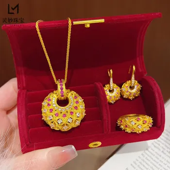 Diamond-set Tang Cai Ling Donut Ring Earrings Pendant Necklace Hollow Women 24K Gold AU999 - All-in-one Set, Full Elegant Vibe