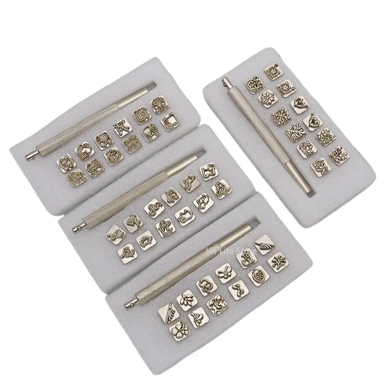 12pcs/lot Leather Stamp Zinc Alloy Seal Stamp Embossing Print Pattern Tools with Handle Plant Tanned Leather Printing Tools