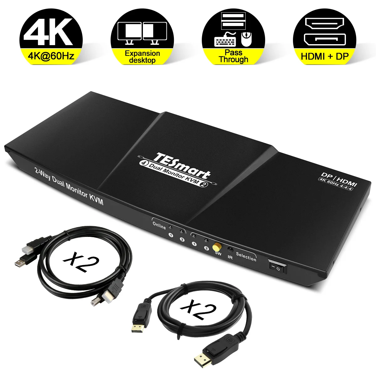 Kvm Switch Displayport + Hdmi Dual Monitor Support Uhd 4k60hz Usb 2.0